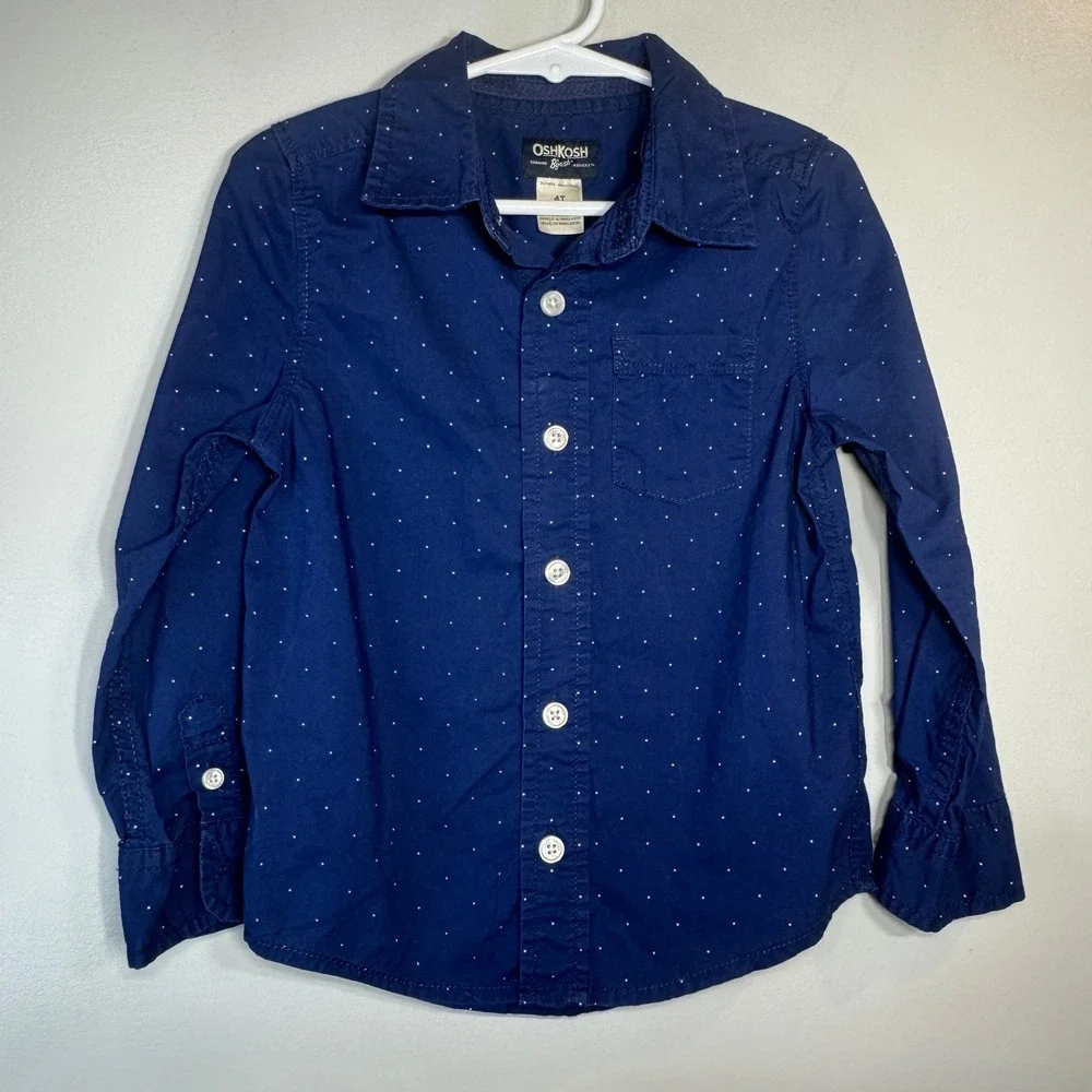 OshKosh B'gosh Button Down Shirt Boys 4T Navy White‎ Polka Dot Classic Preppy